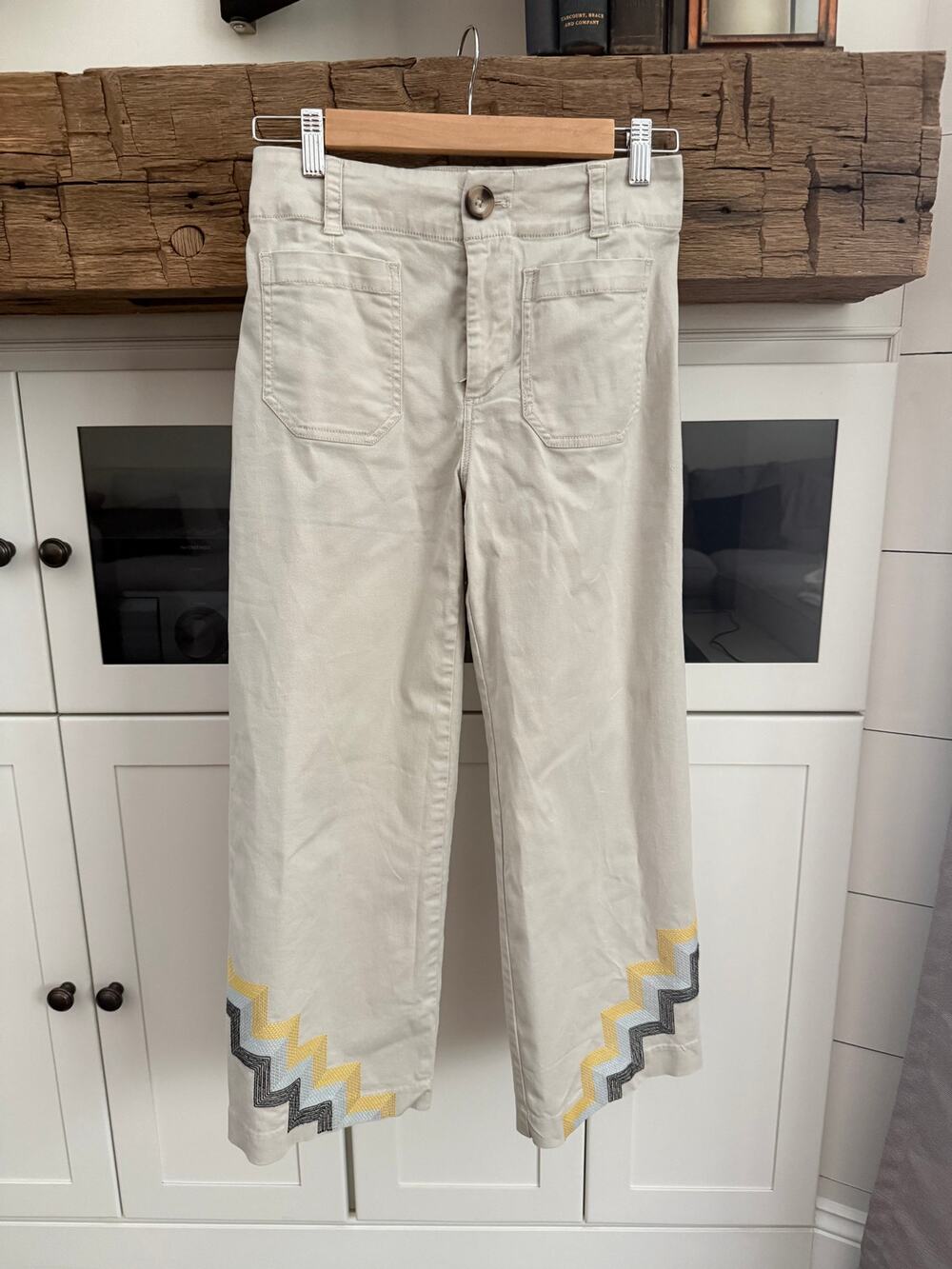 Maeve Anthropologie Colette Embroidered Crop Wide-Leg Pants Khaki Size 4